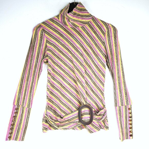 Debbie Shuchat Pink Green Y2K Turtle Neck Bicg Buckle Retro Long Sleeve Pullover - Picture 1 of 9